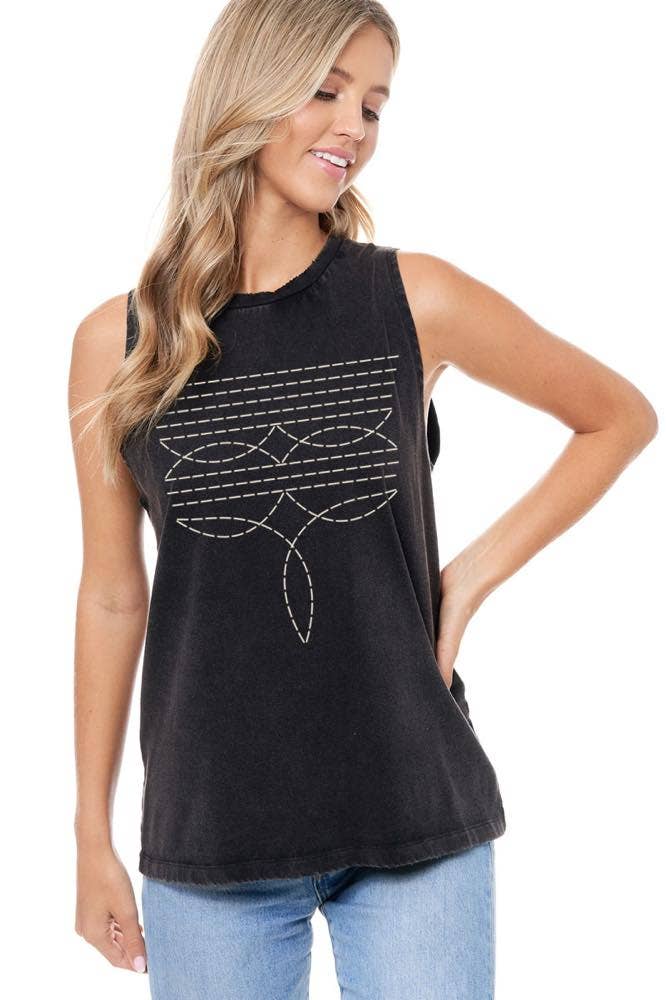 Cowboy Boots Toe Stitched Graphic S/L Washed Tank