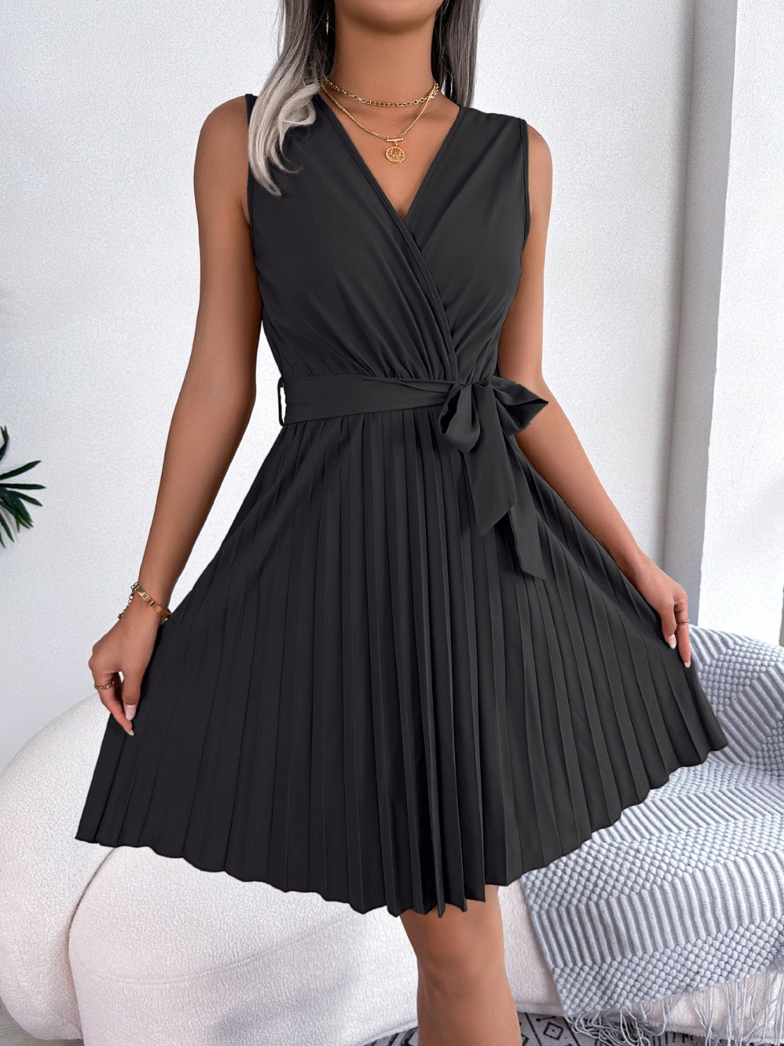 Black Tied Surplice Sleeveless Pleated Dress