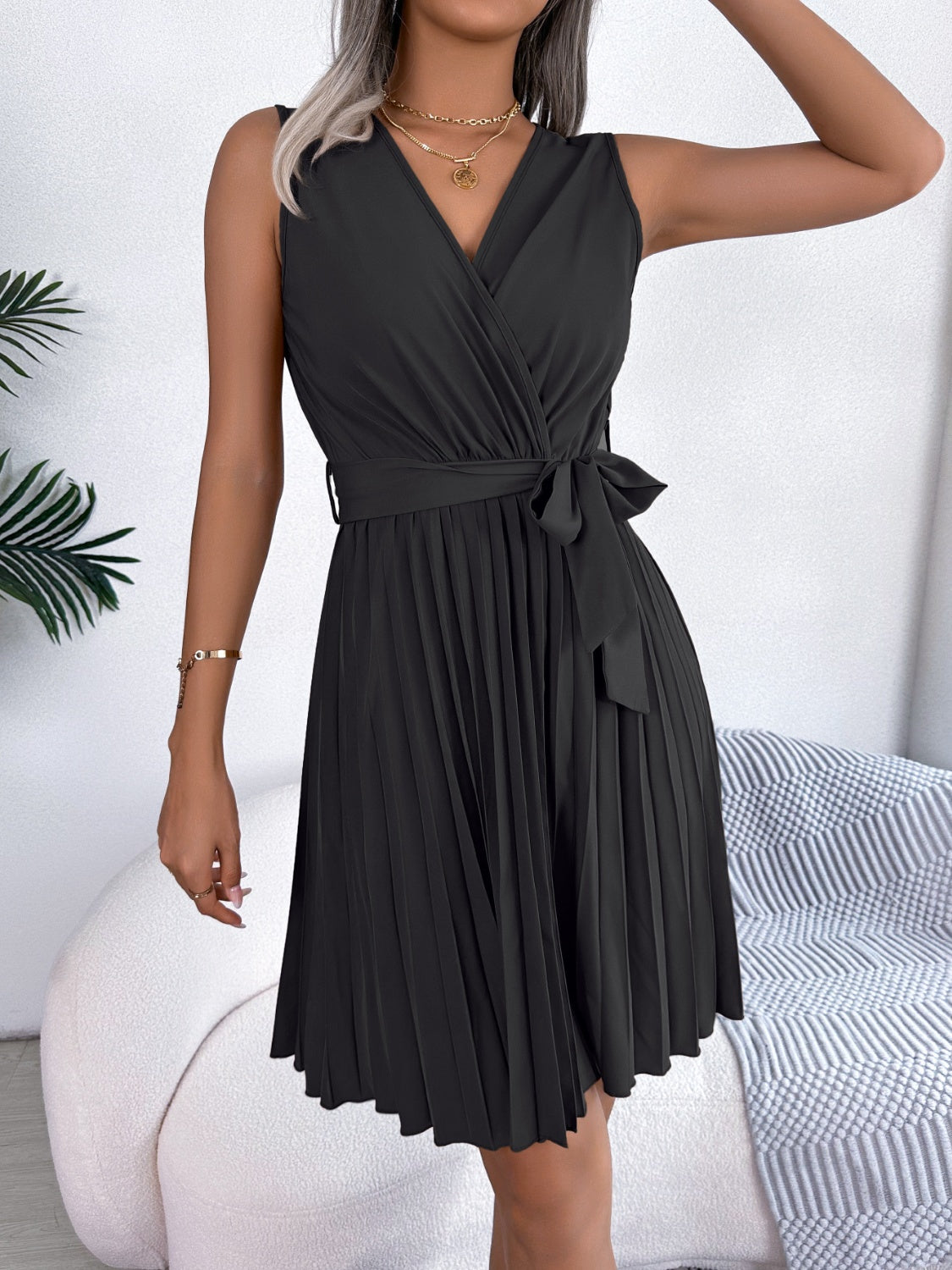 Black Tied Surplice Sleeveless Pleated Dress