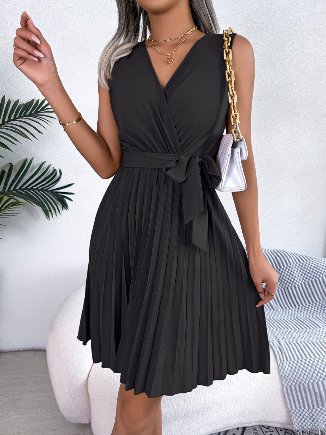 Black Tied Surplice Sleeveless Pleated Dress