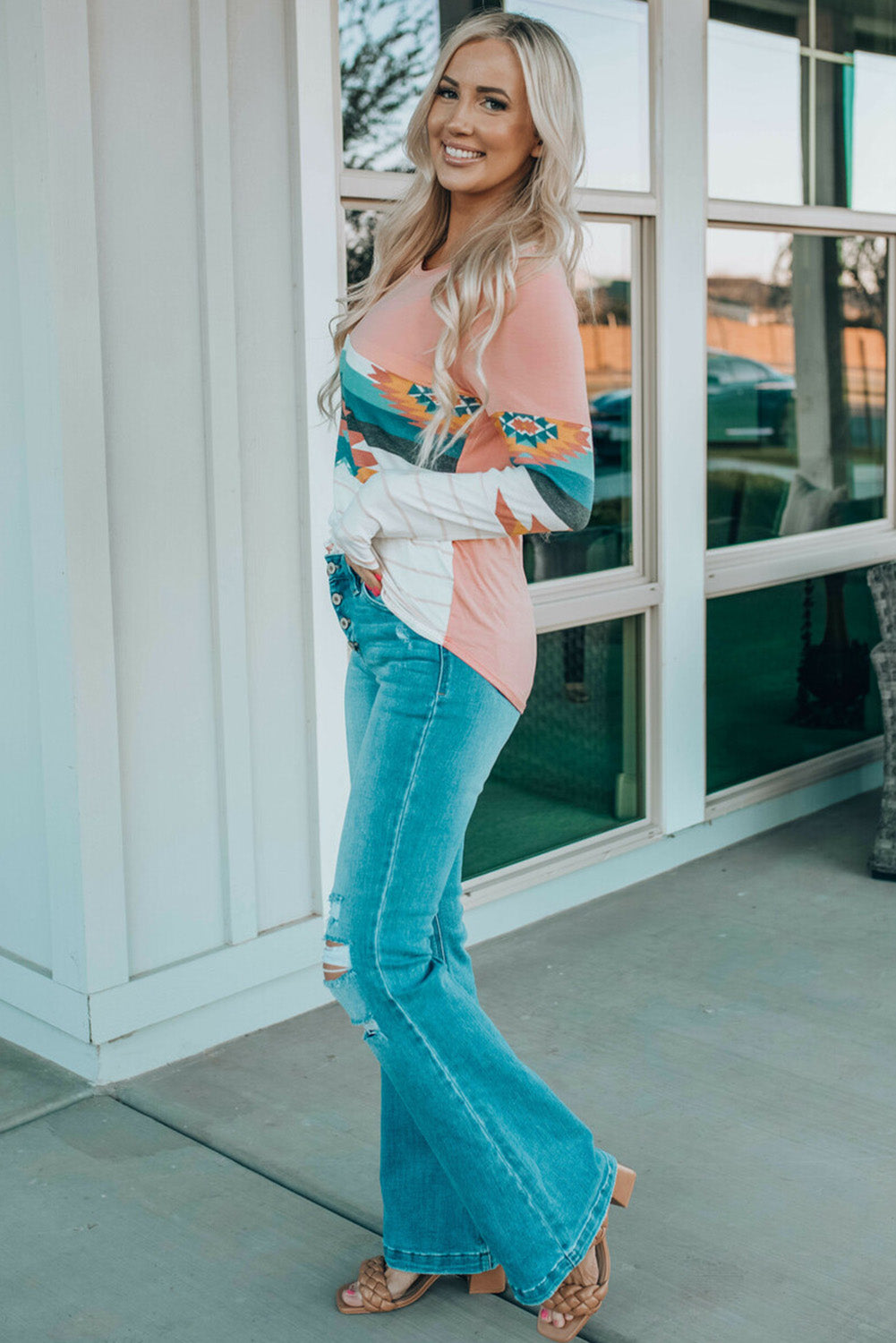 ***CLEARANCE*** Geometric Aztec Round Neck Long Sleeve T-Shirt