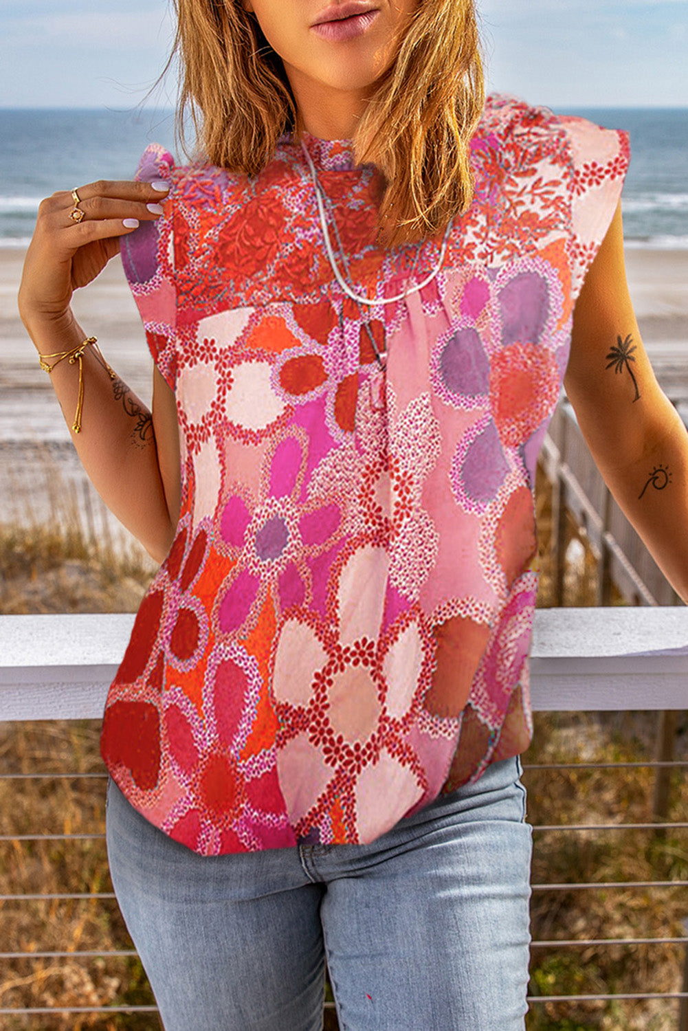 Rose Embroidered Detail Floral Print Ruffle Trim Top