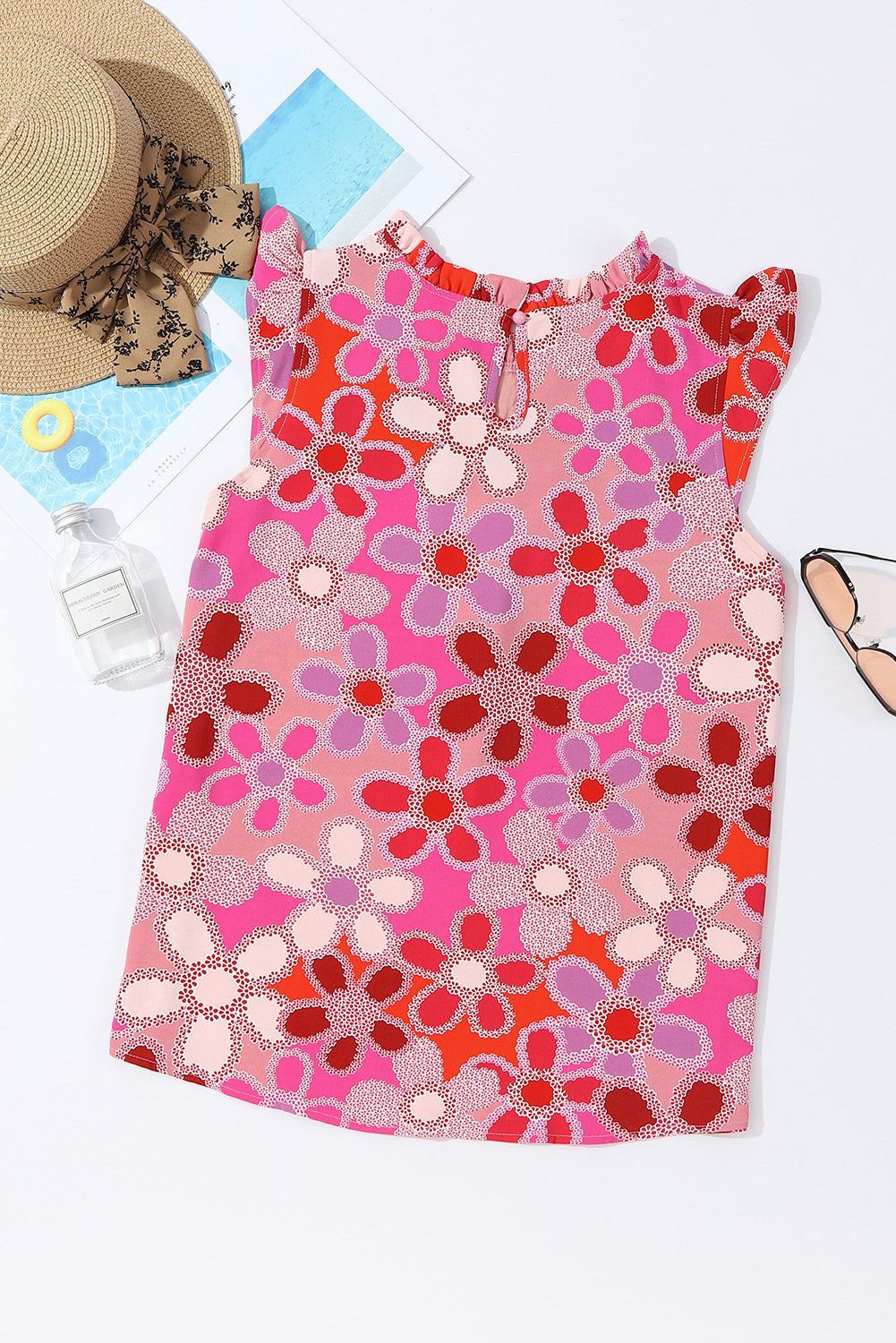 Rose Embroidered Detail Floral Print Ruffle Trim Top