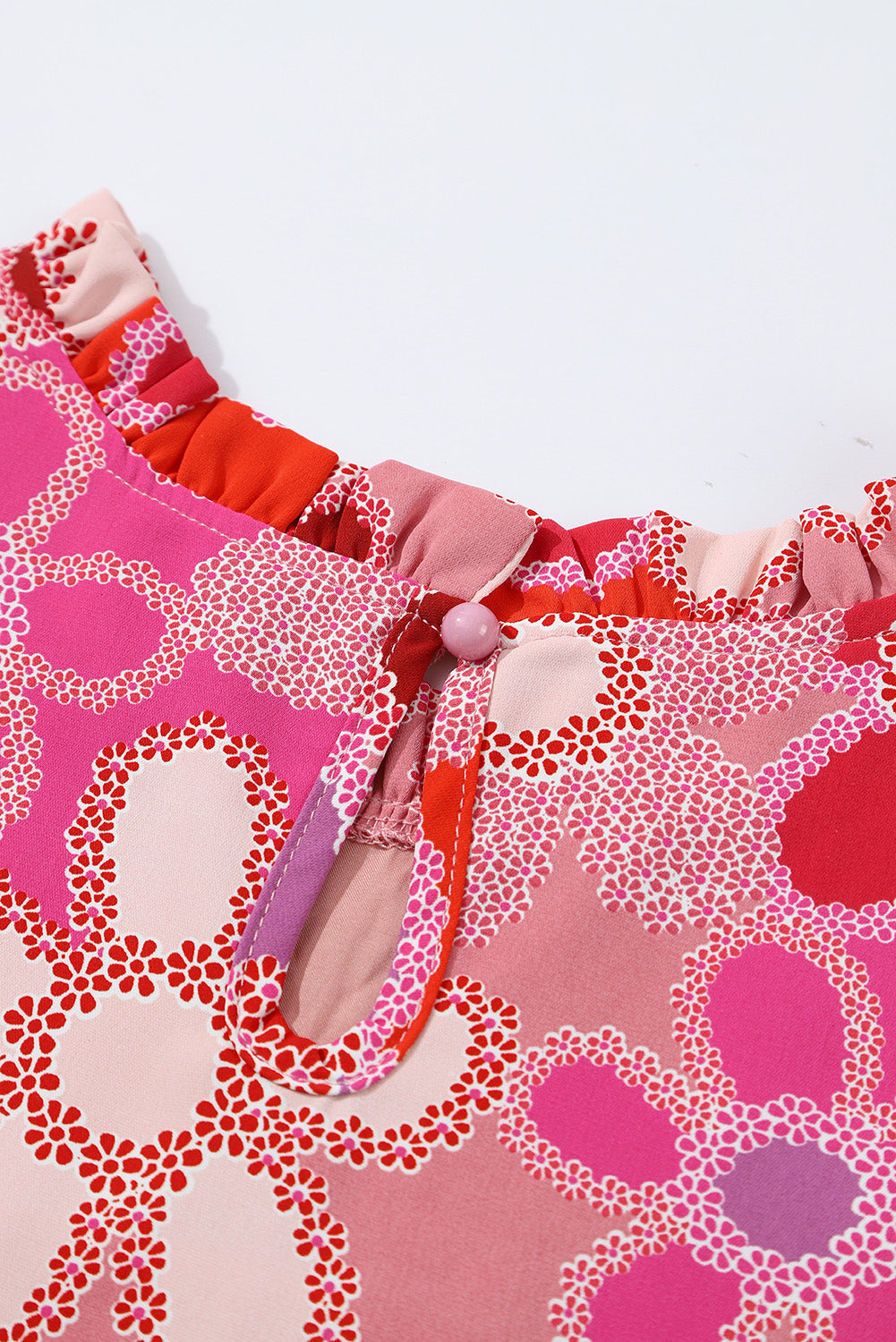 Rose Embroidered Detail Floral Print Ruffle Trim Top