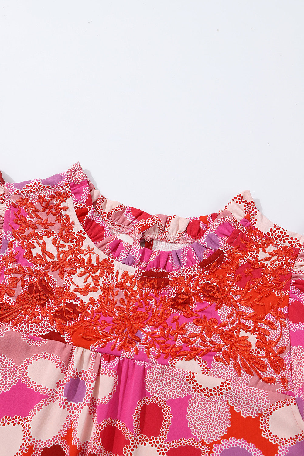 Rose Embroidered Detail Floral Print Ruffle Trim Top