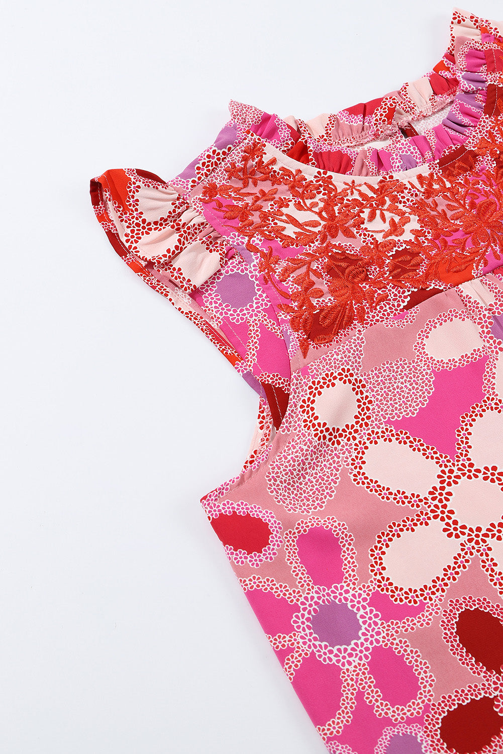 Rose Embroidered Detail Floral Print Ruffle Trim Top