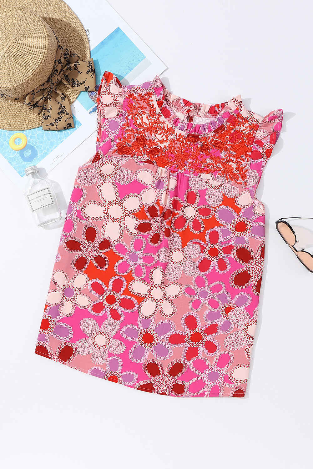 Rose Embroidered Detail Floral Print Ruffle Trim Top