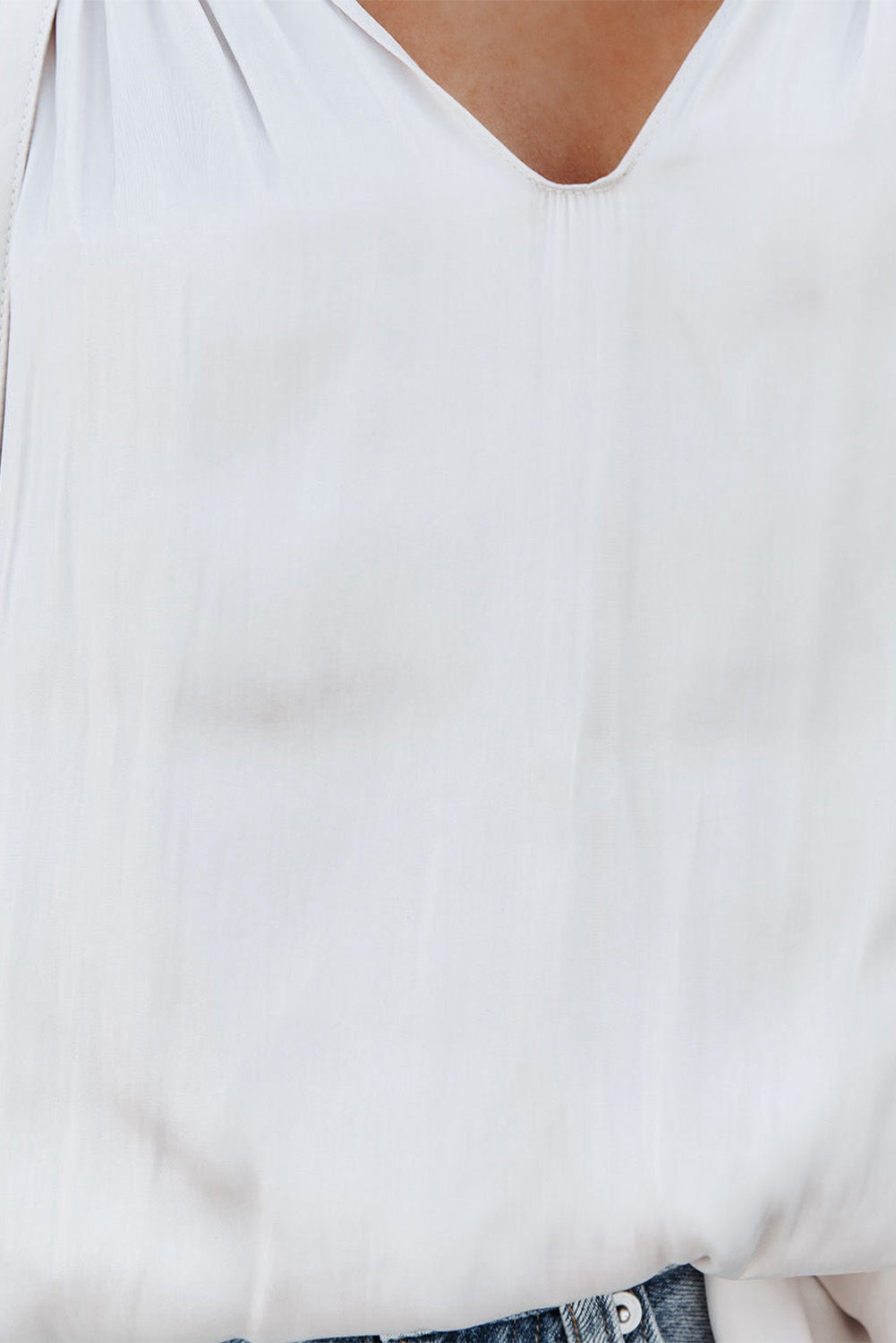 White Tie V Neck Pleated Puff Sleeve Satin Blouse