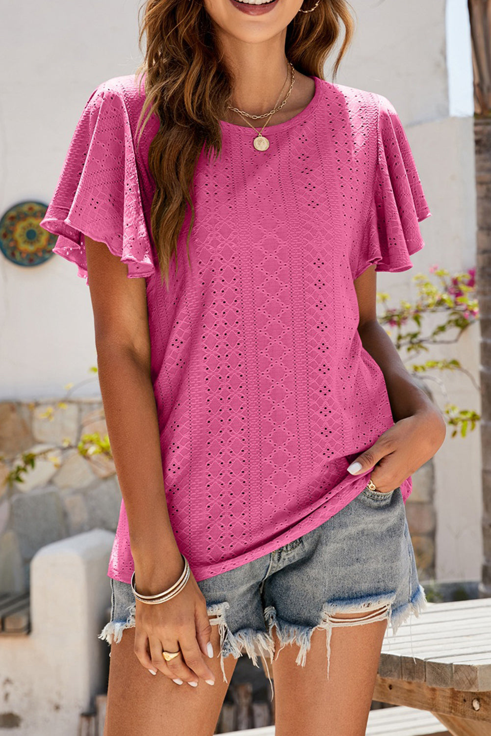 Rose Casual Flounce Sleeve Eyelet Blouse