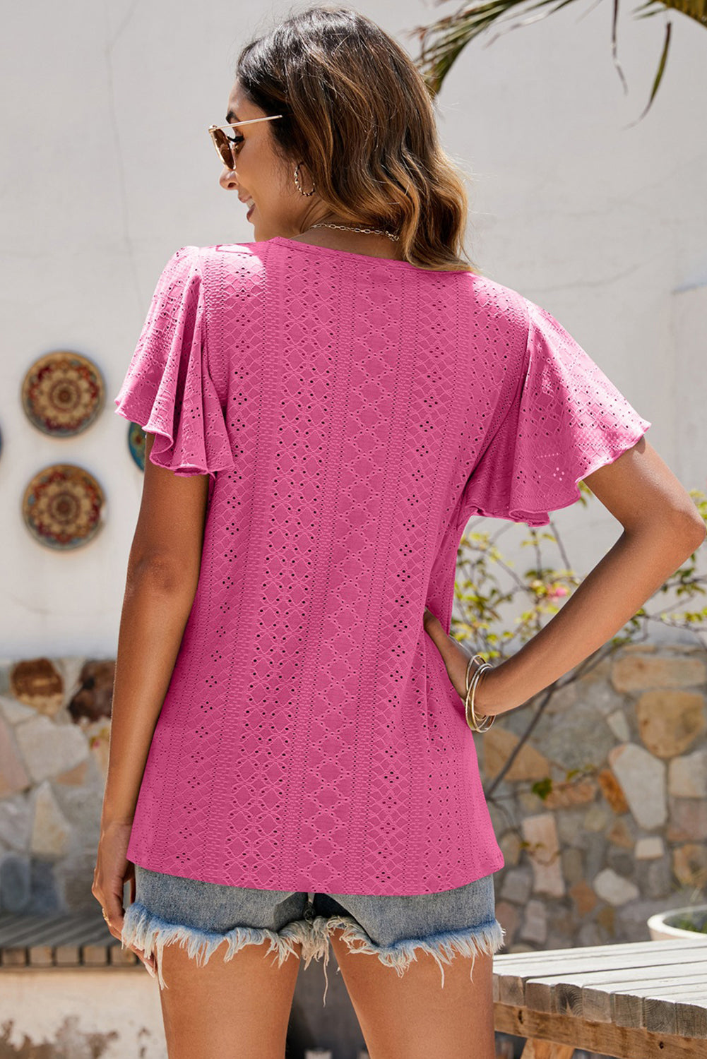Rose Casual Flounce Sleeve Eyelet Blouse