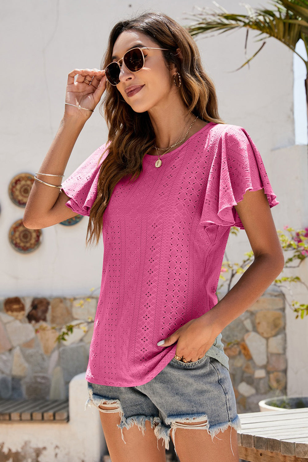 Rose Casual Flounce Sleeve Eyelet Blouse