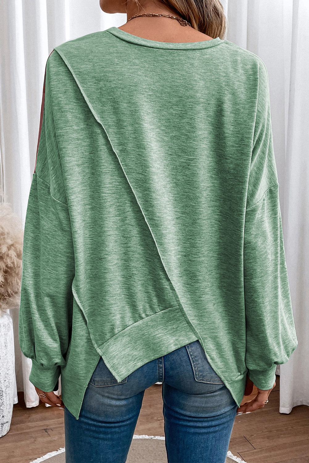 Pink Colorblock Stitching Irregular Hem Long Sleeve Top