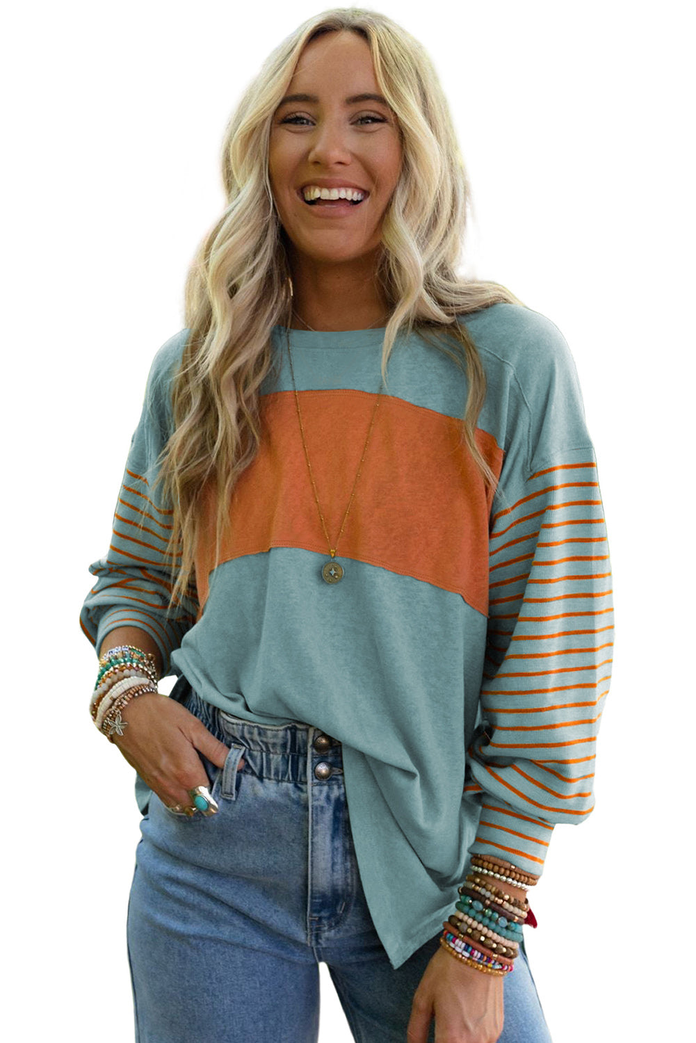 Green Colorblock Striped Bishop Sleeve Top with Side Slits