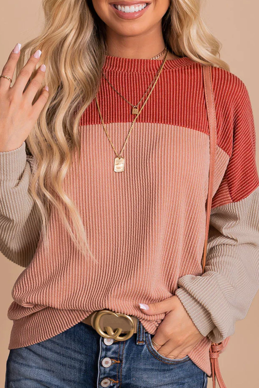 ***CLEARANCE***Fiery Red Color Block Long Sleeve Ribbed Loose Top