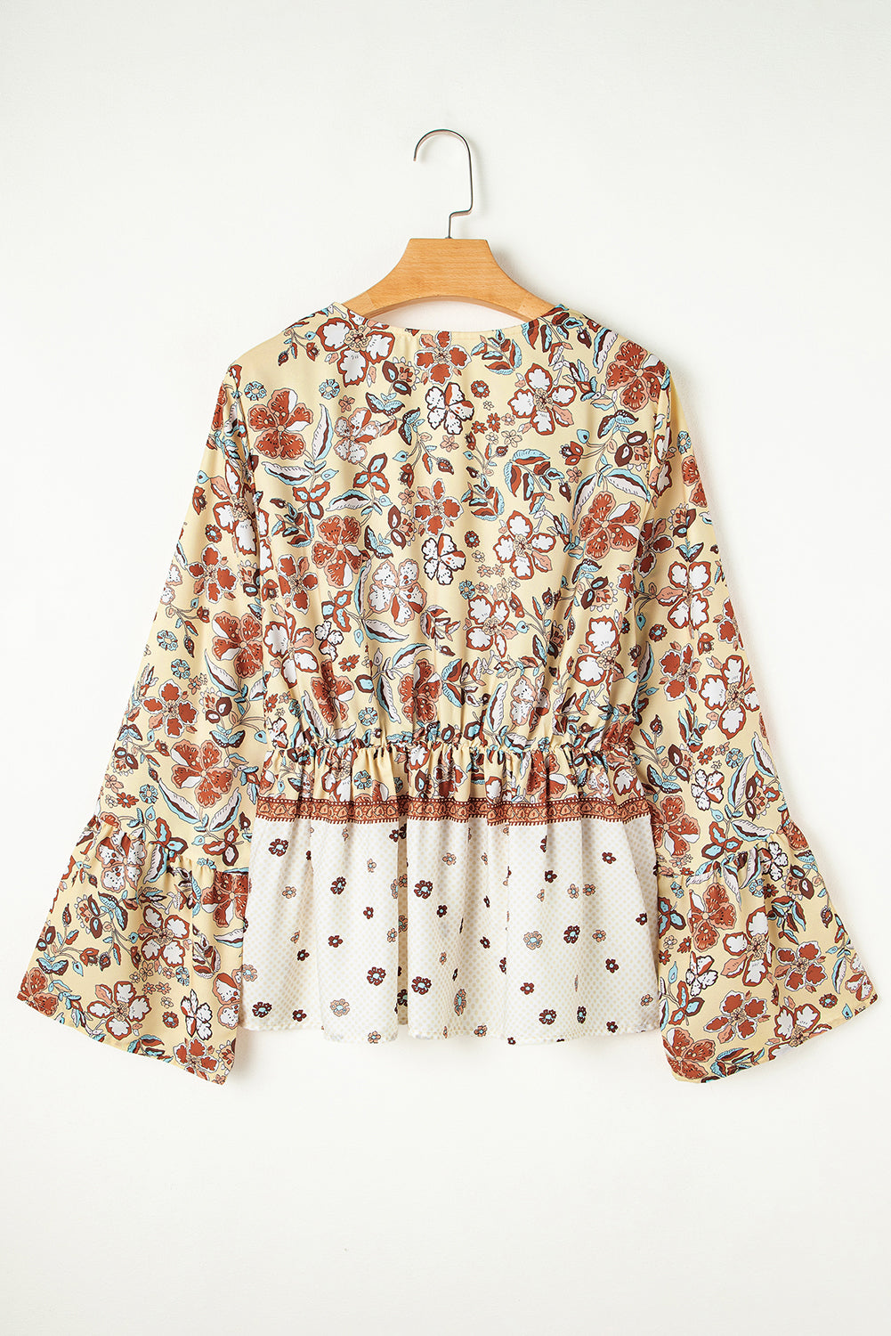 Yellow Floral V Neck Bell Sleeve Peplum Blouse