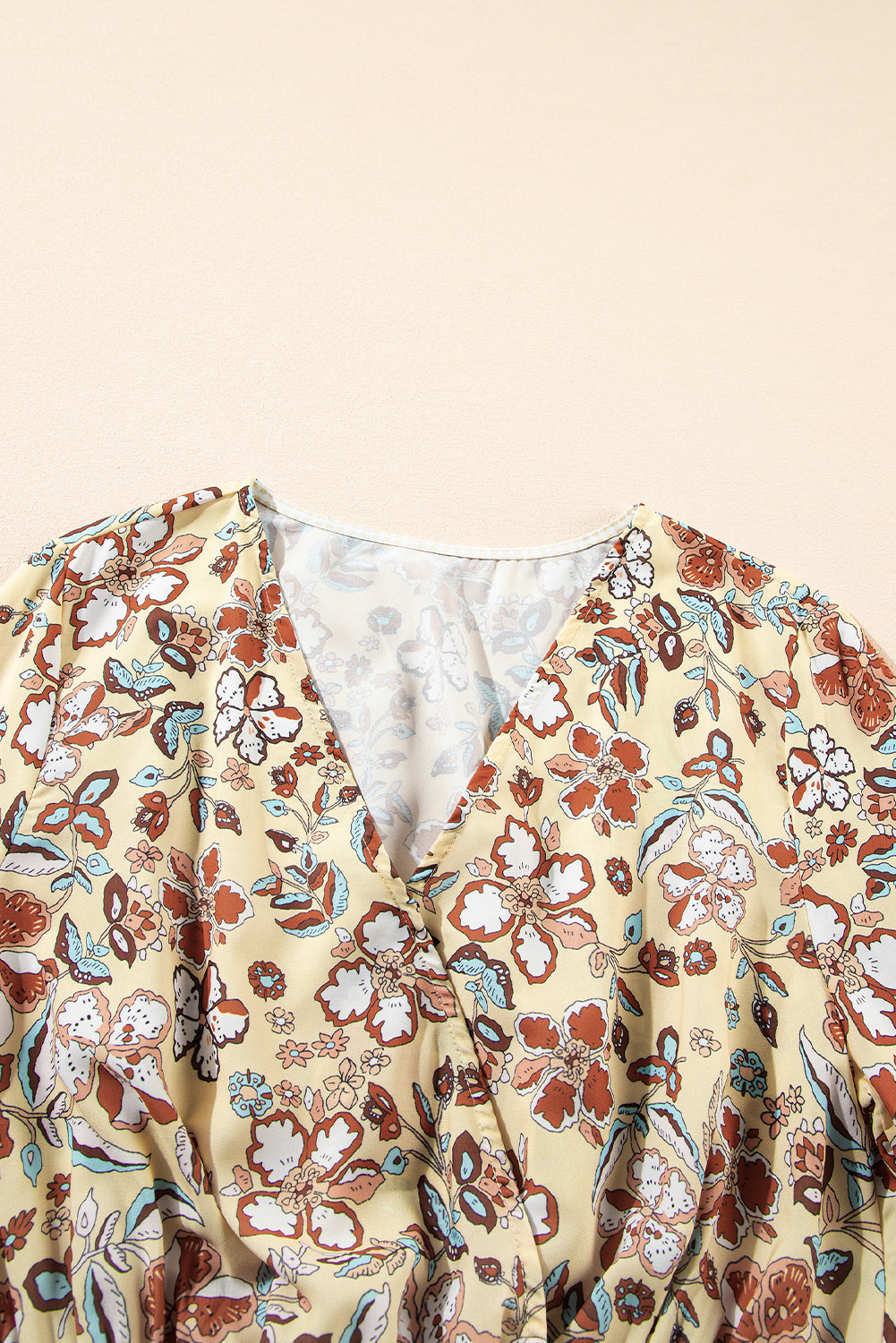 Yellow Floral V Neck Bell Sleeve Peplum Blouse