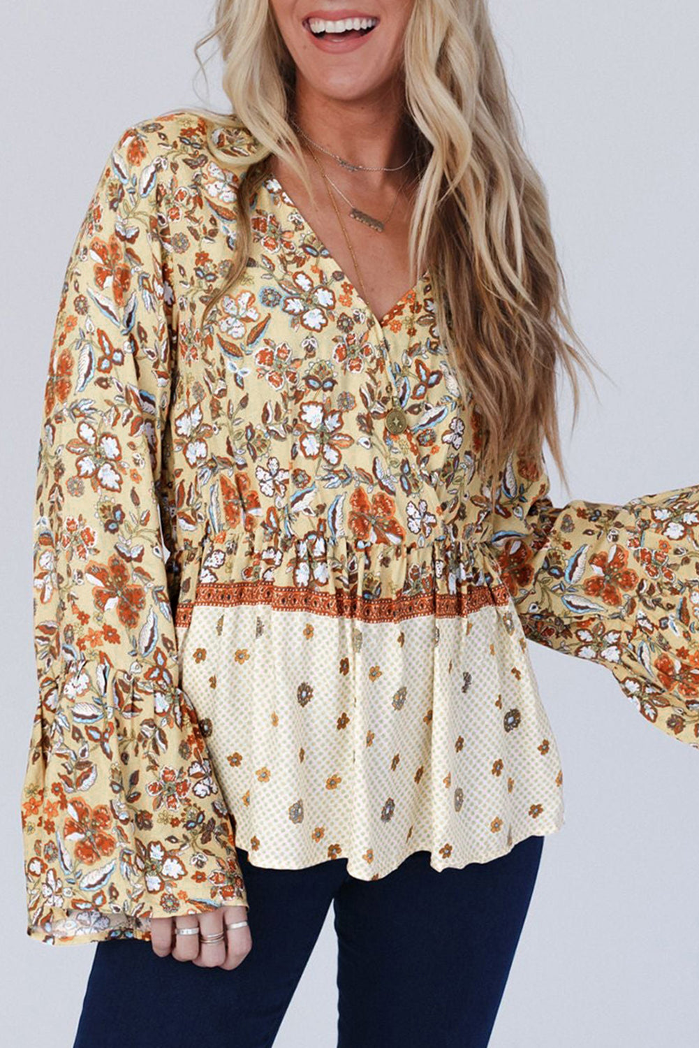 Yellow Floral V Neck Bell Sleeve Peplum Blouse