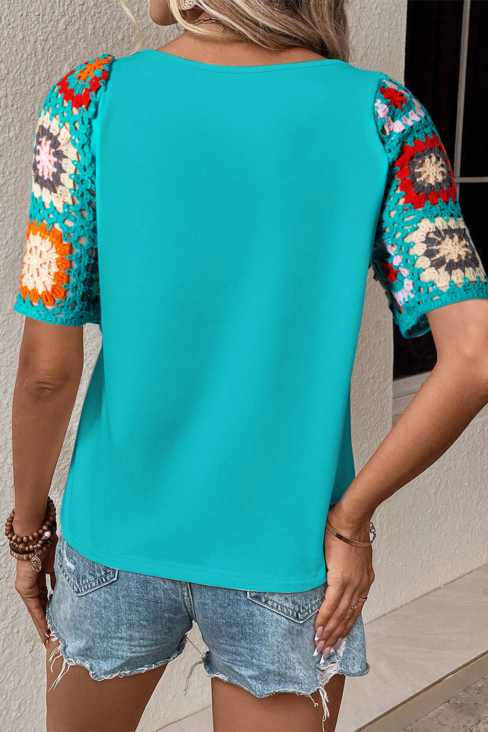 Floral Hollowed Crochet Sleeve Boho Blouse