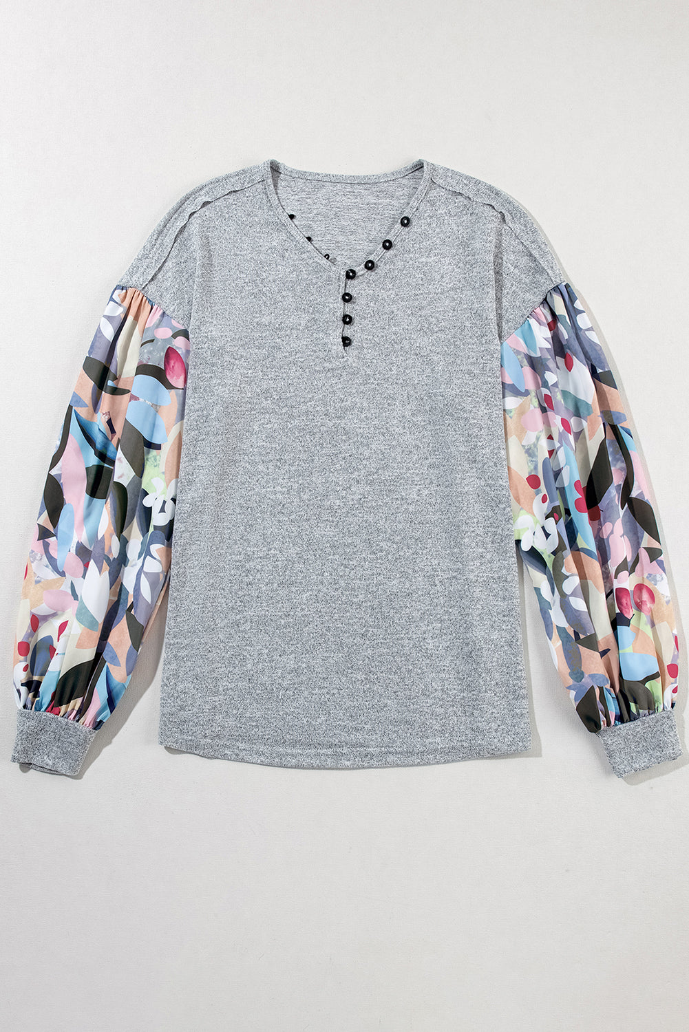 Gray Floral Splicing Lantern Sleeve Buttoned V Neck Top