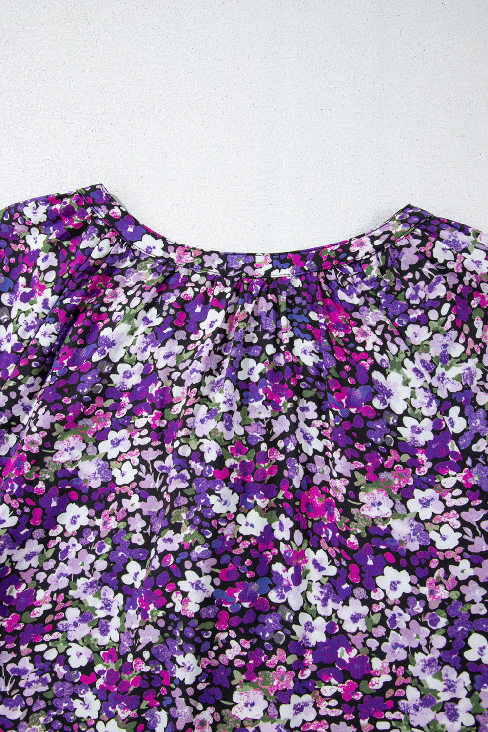 Purple Boho Ditsy Floral Split V Neck Bubble Sleeve Blouse