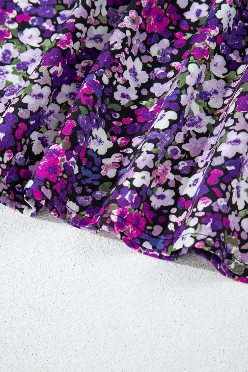 Purple Boho Ditsy Floral Split V Neck Bubble Sleeve Blouse