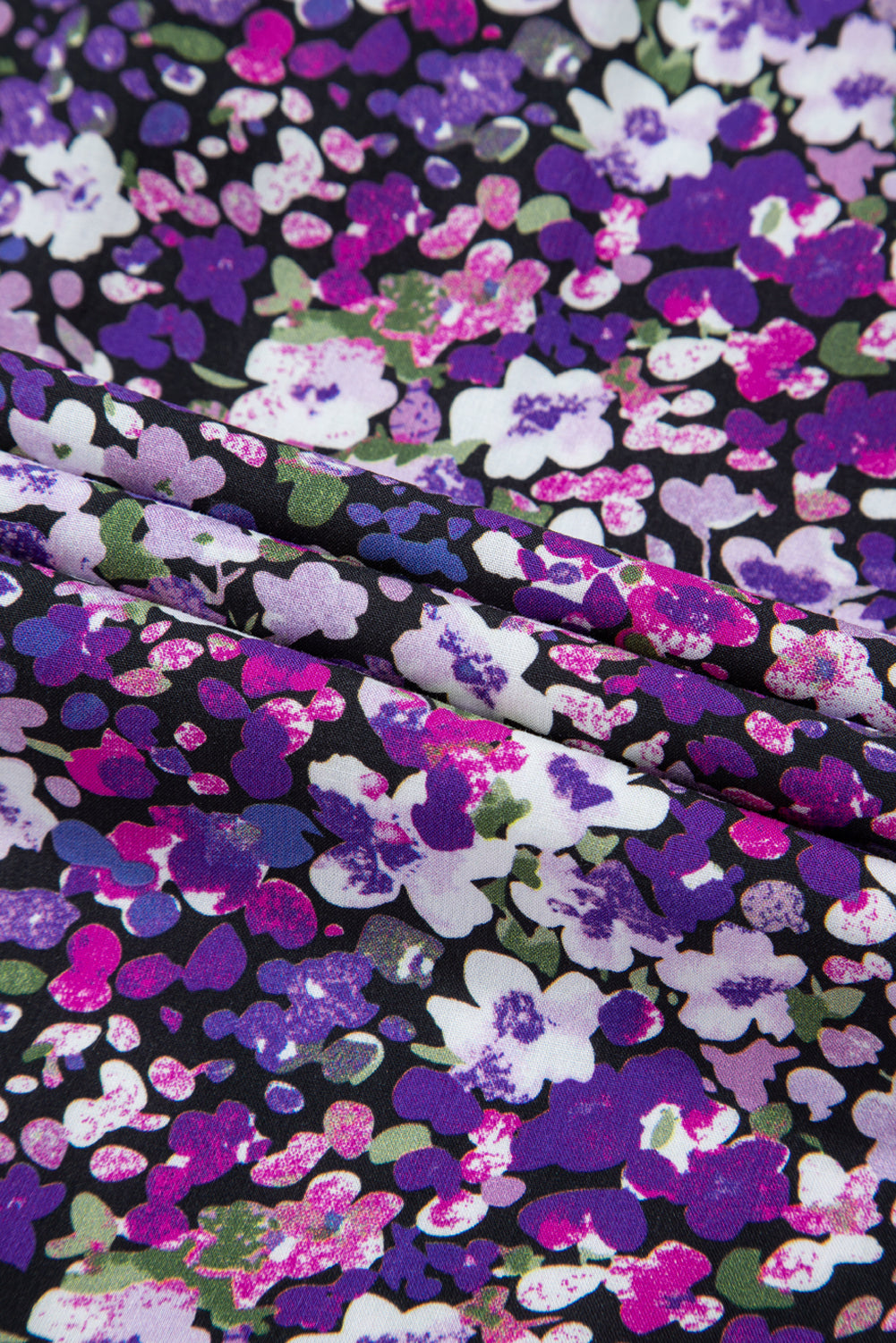 Purple Boho Ditsy Floral Split V Neck Bubble Sleeve Blouse