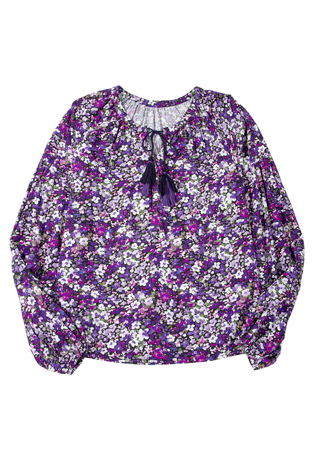 Purple Boho Ditsy Floral Split V Neck Bubble Sleeve Blouse