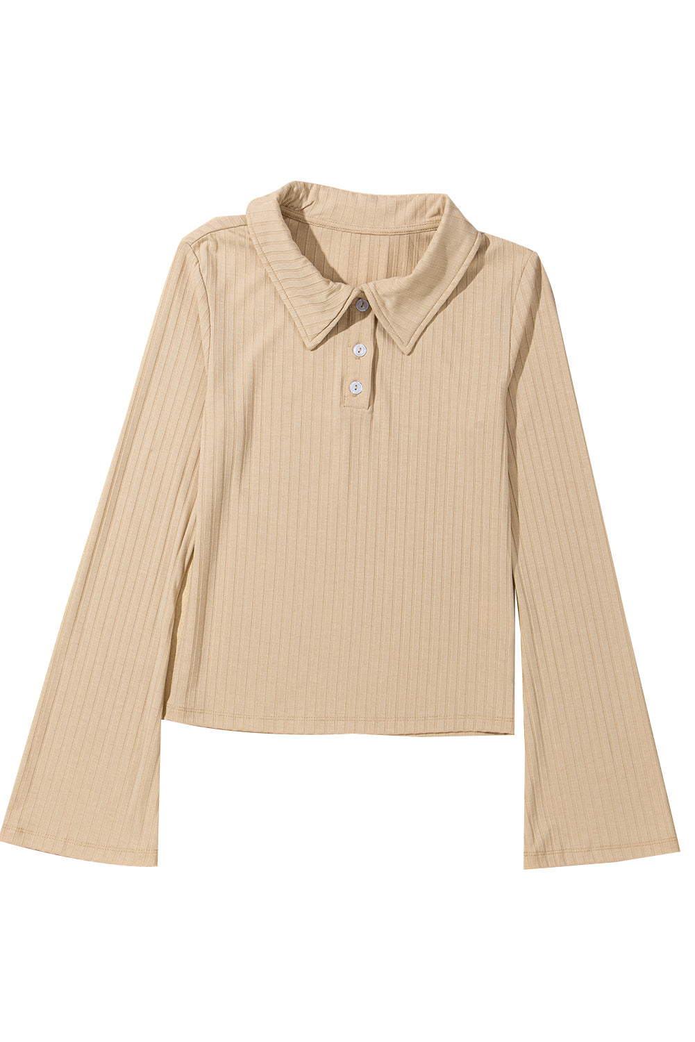 Beige Ribbed Buttoned Collar Long Sleeve Slim Fit Top
