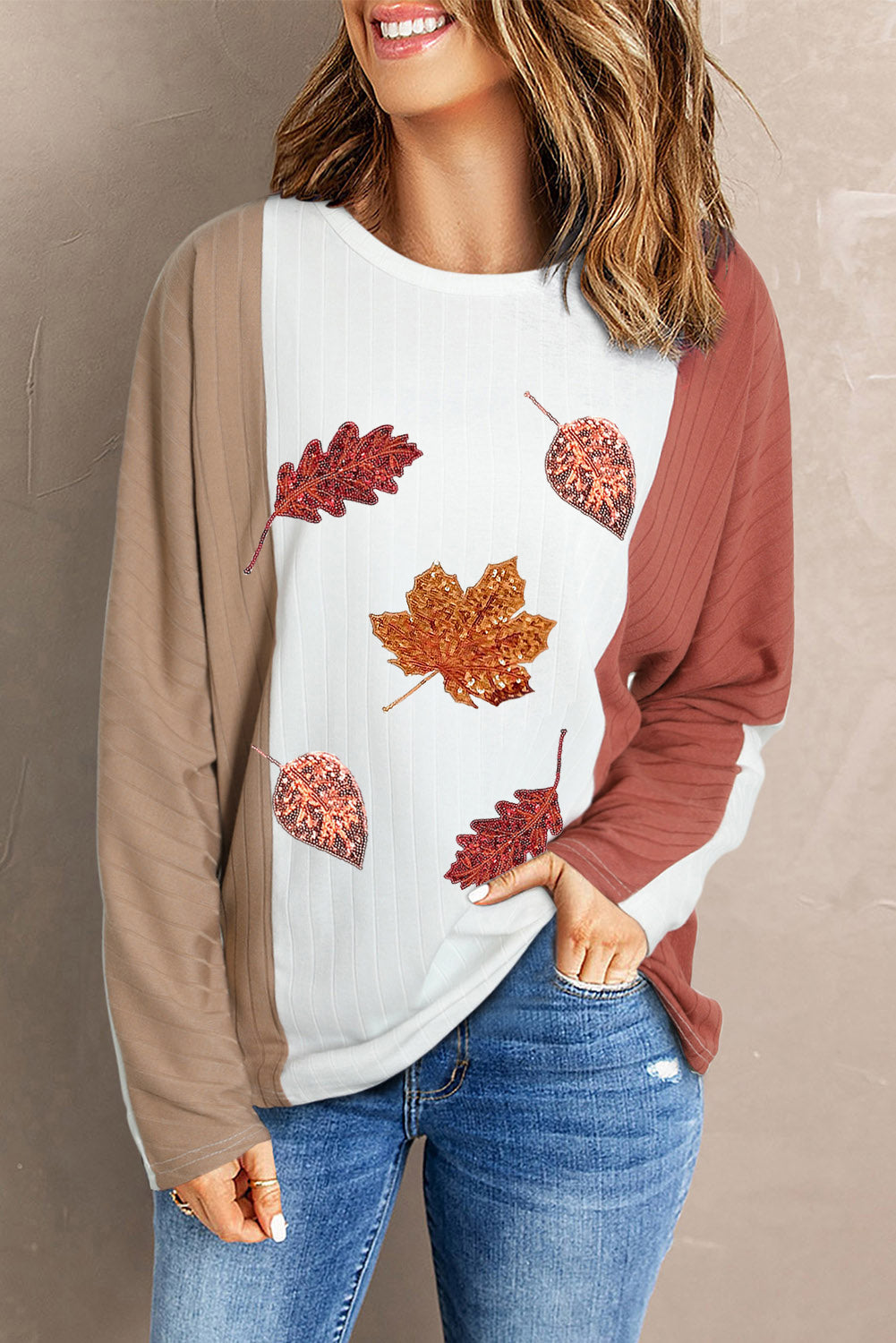 Autumn Thanksgiving Sequin Fall Leaves Graphic Colorblock Ribbed Knit Top