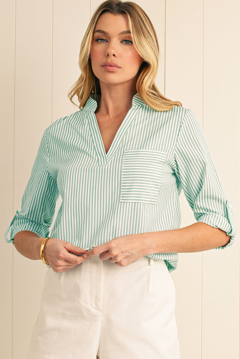 Green Stripe V Neck Pocket Roll-Up Sleeve Shirt