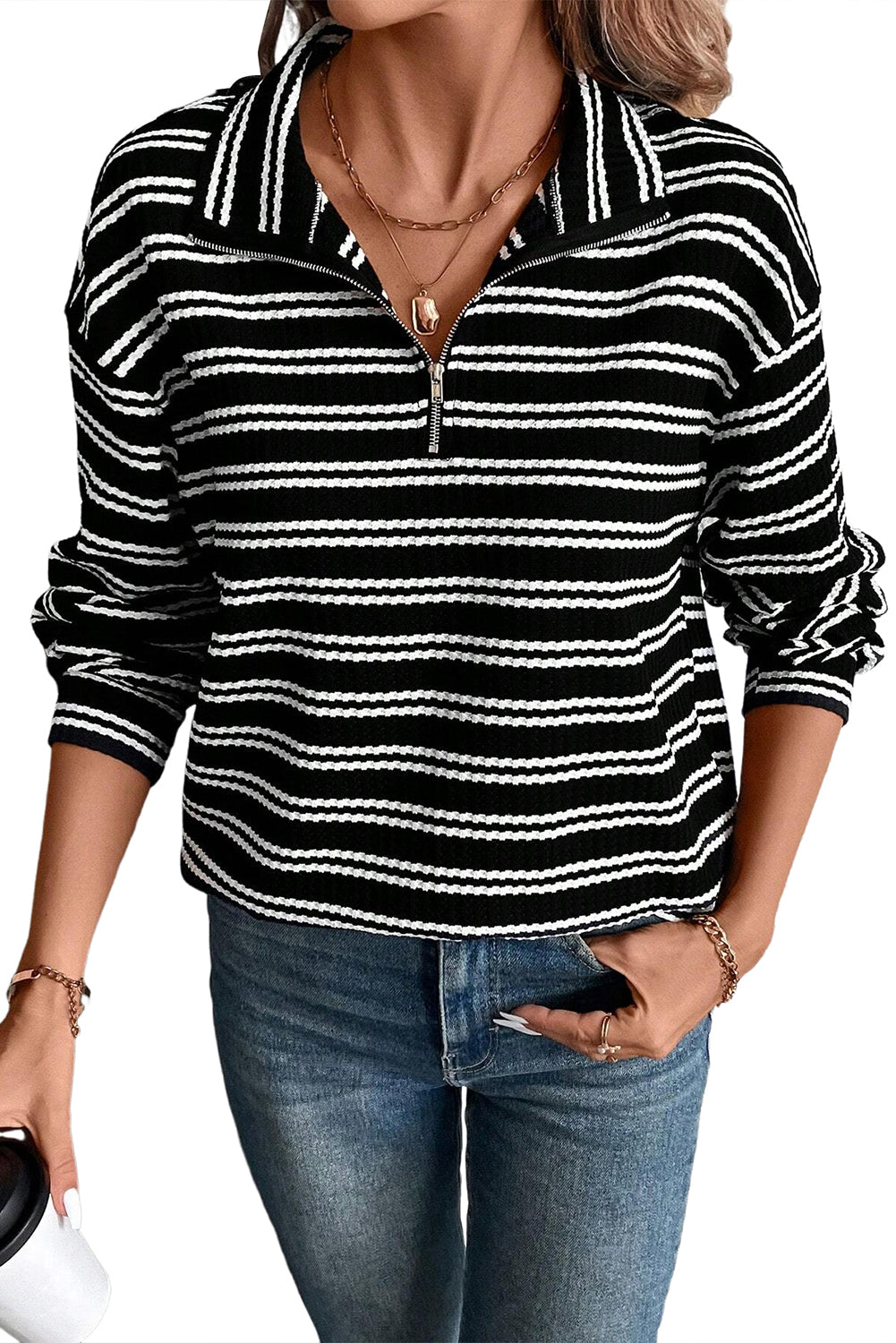 Black Stripe Textured Quarter Zip Collar Long Sleeve Top