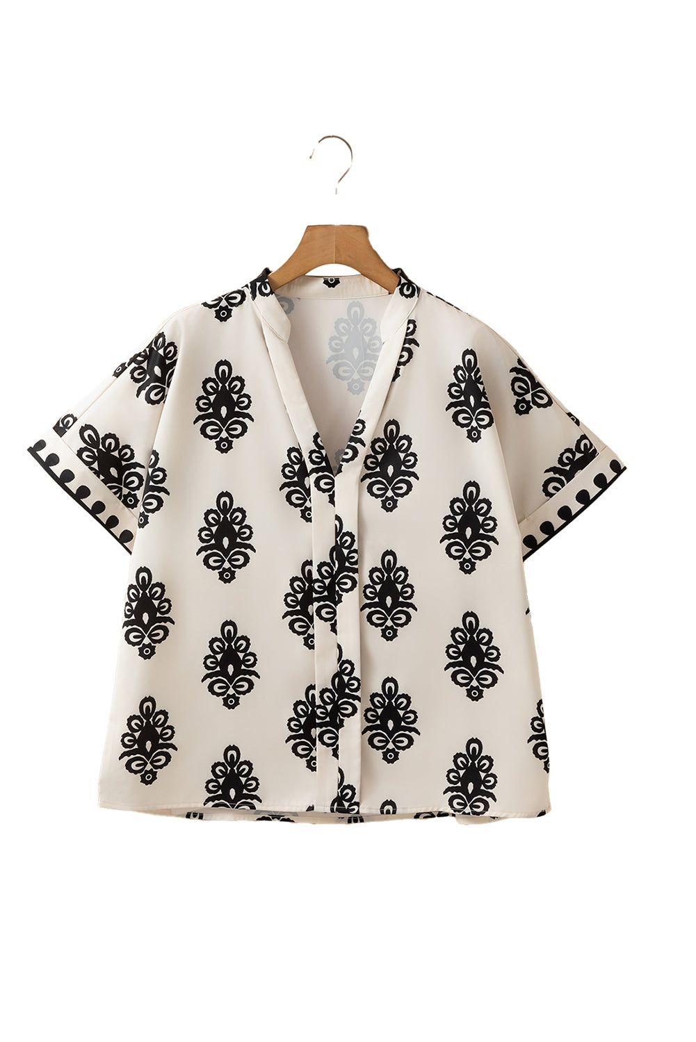 Black Geometric Print Short Sleeve V Neck Blouse