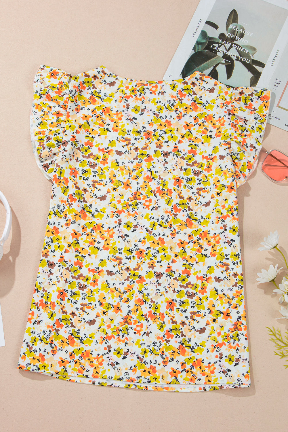 Green Floral Print Ruffle V Neck Short Sleeve Blouse