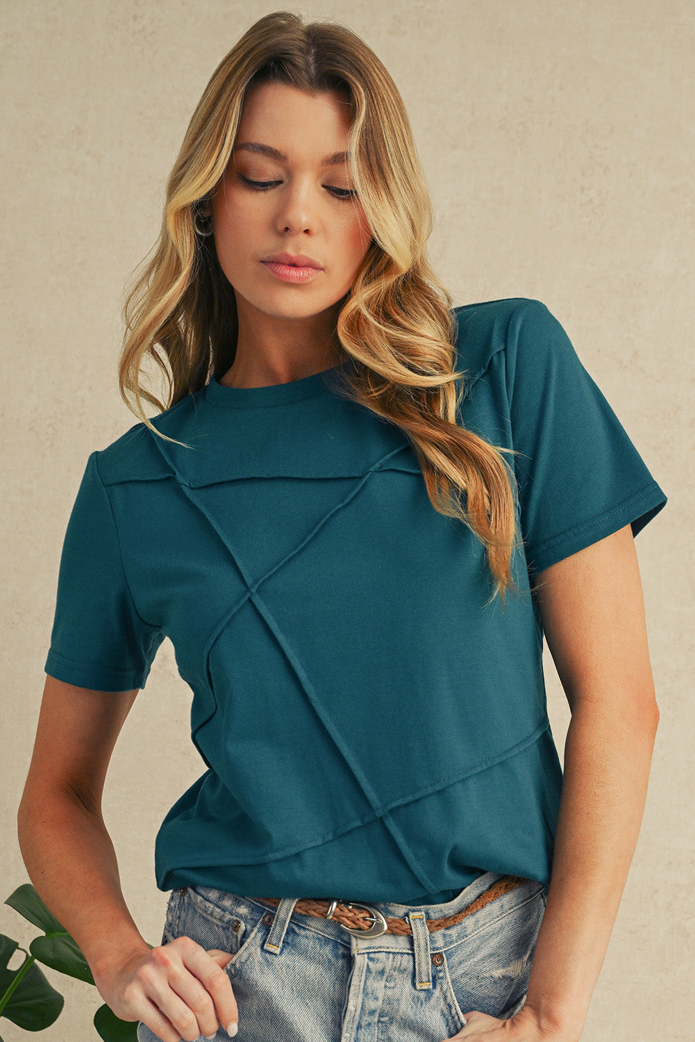 Blue Sapphire Solid Color Round Neck T Shirt