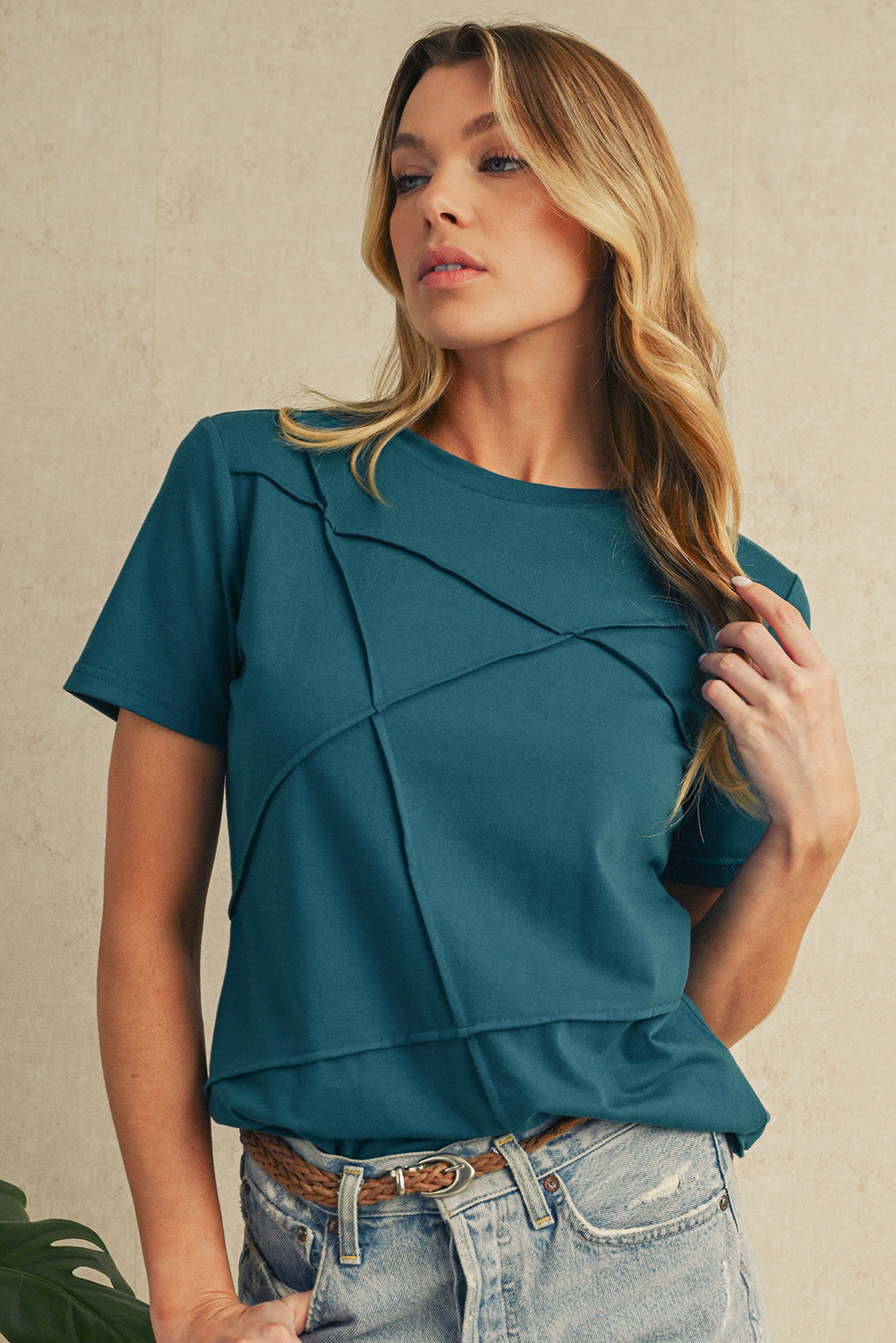 Blue Sapphire Solid Color Round Neck T Shirt
