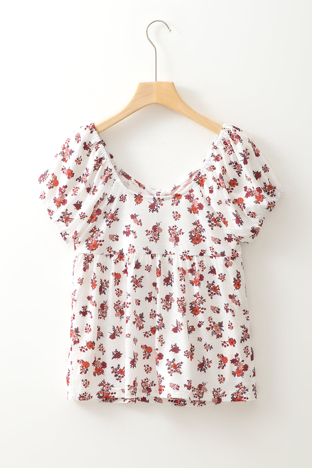White Boho Floral Ruched Short Sleeve Blouse
