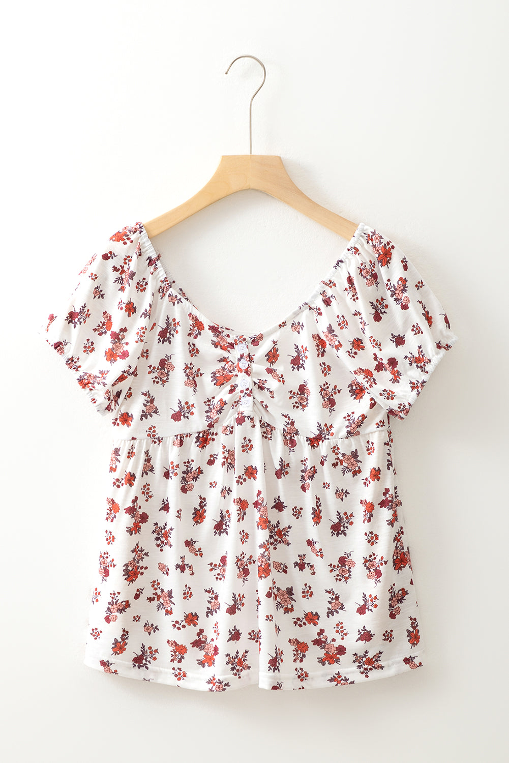 White Boho Floral Ruched Short Sleeve Blouse