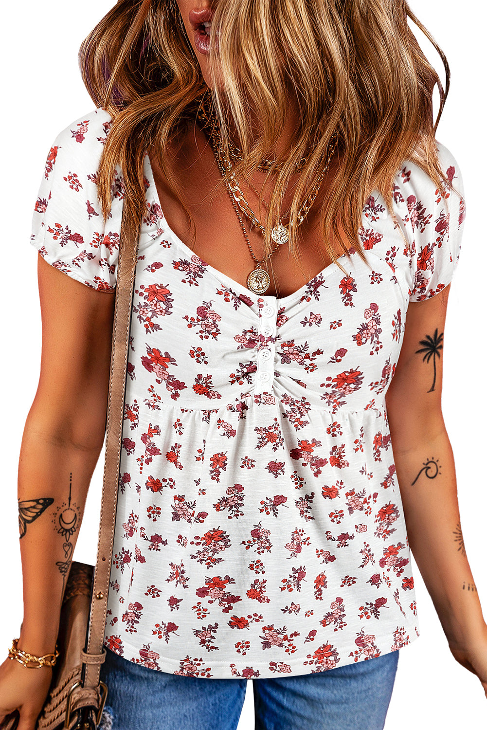 White Boho Floral Ruched Short Sleeve Blouse