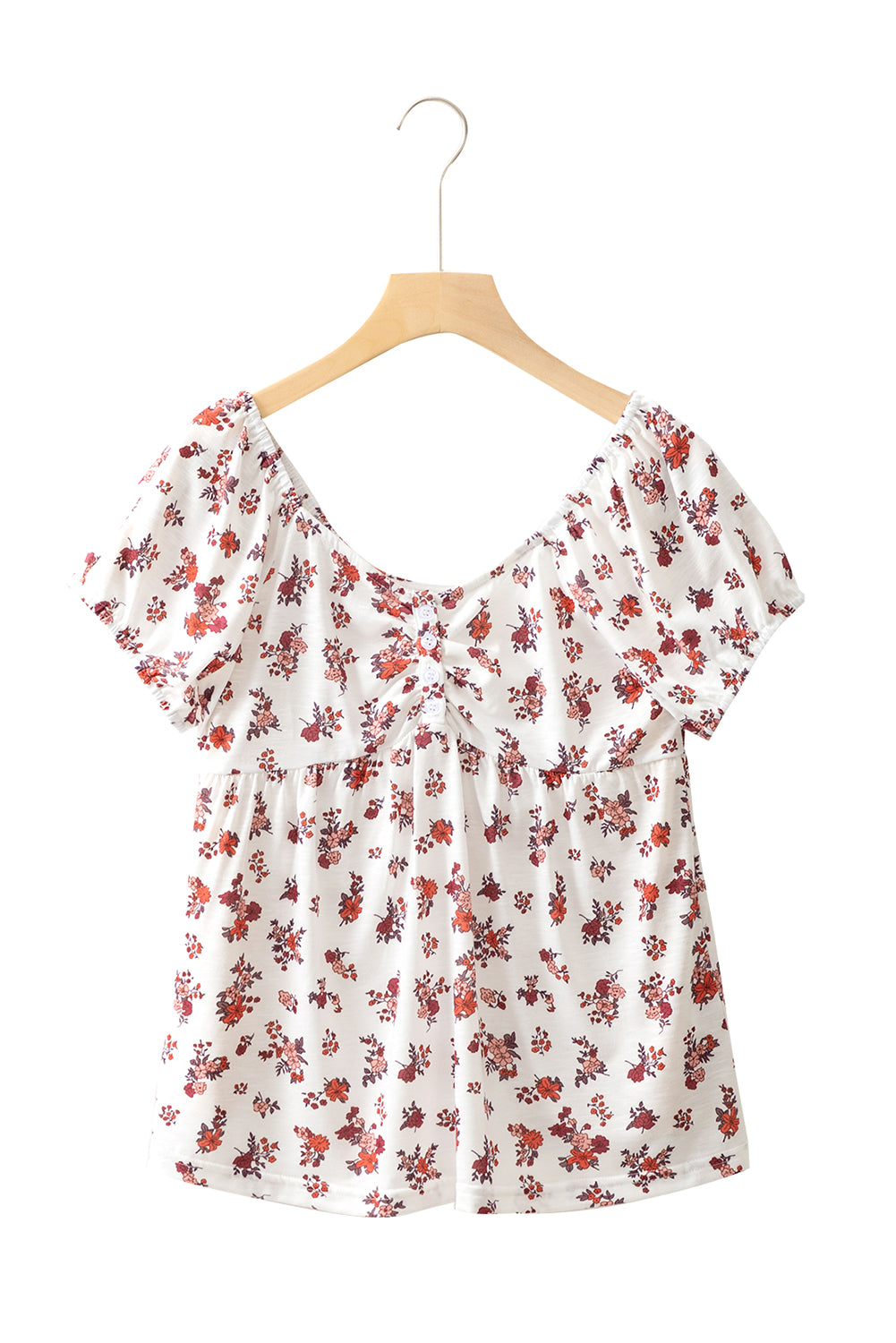 White Boho Floral Ruched Short Sleeve Blouse