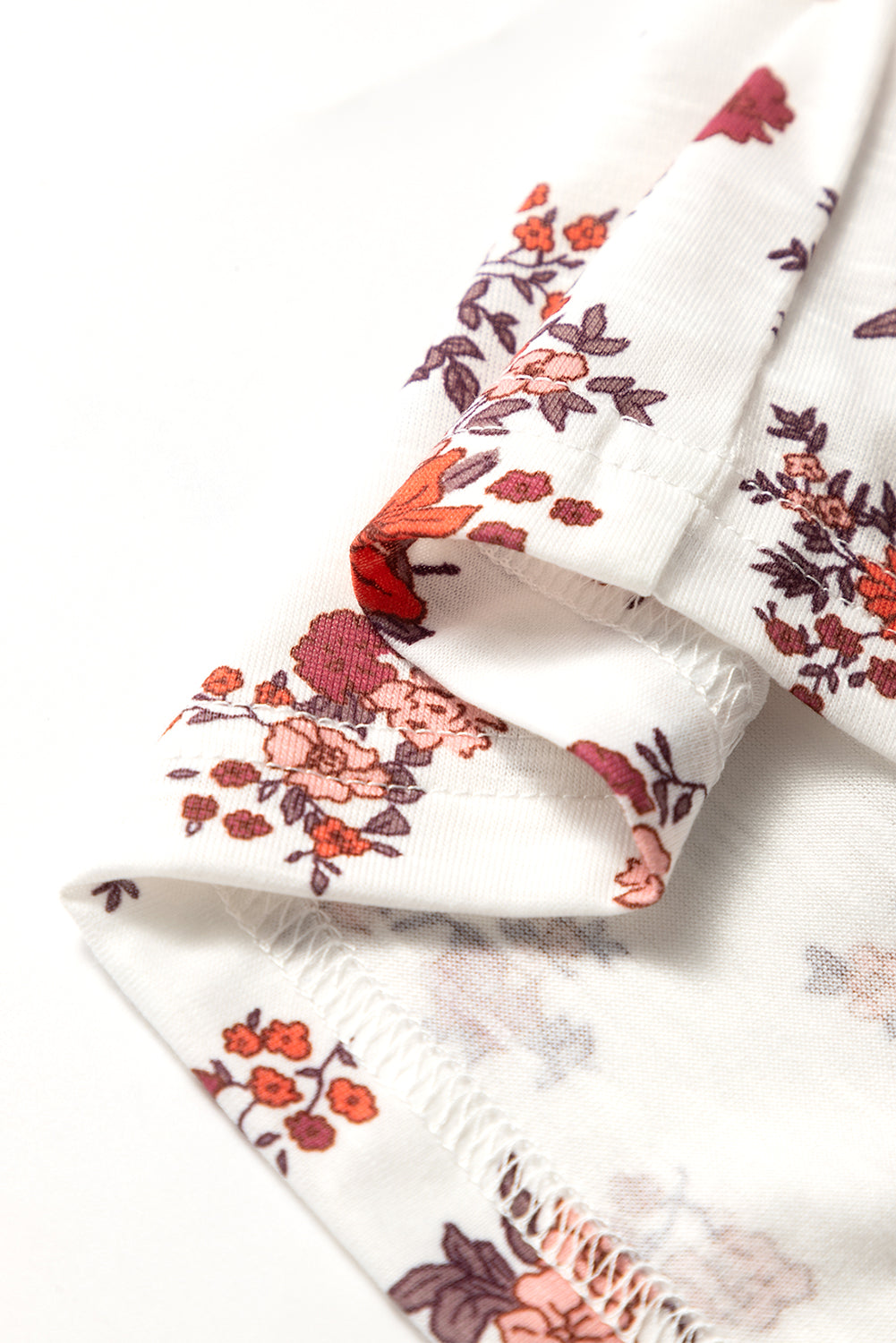 White Boho Floral Ruched Short Sleeve Blouse