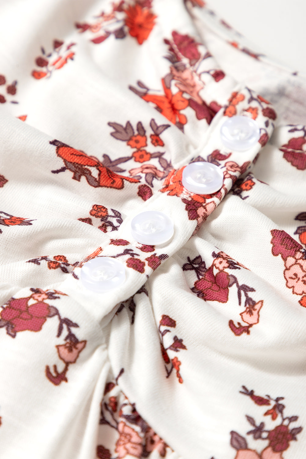 White Boho Floral Ruched Short Sleeve Blouse