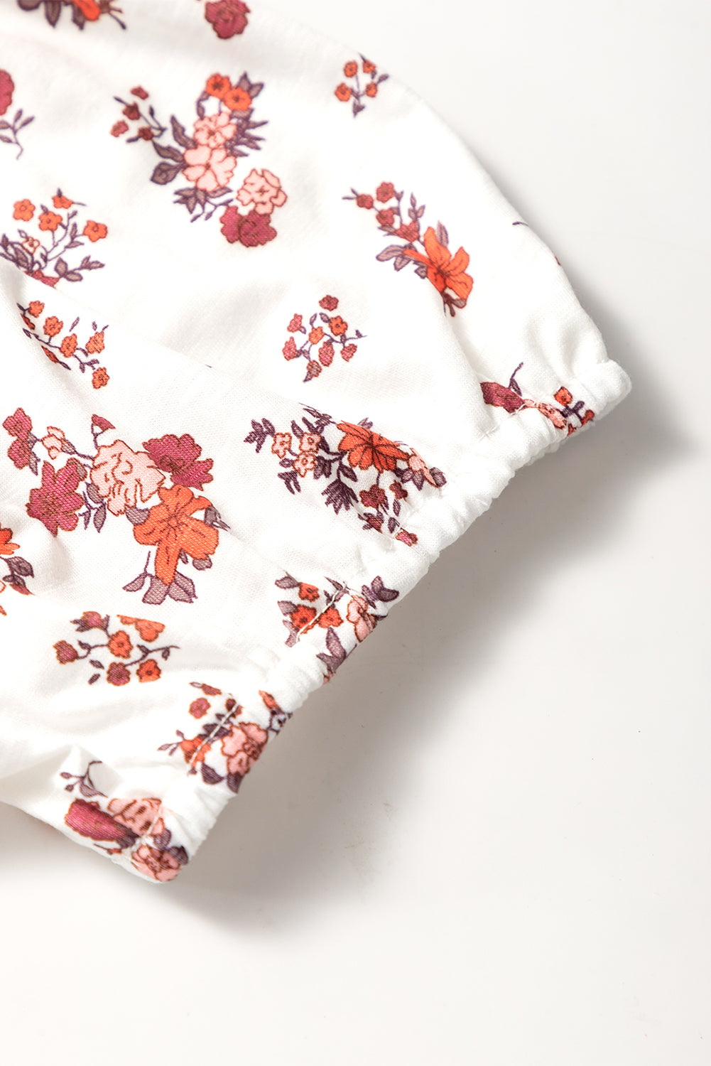 White Boho Floral Ruched Short Sleeve Blouse