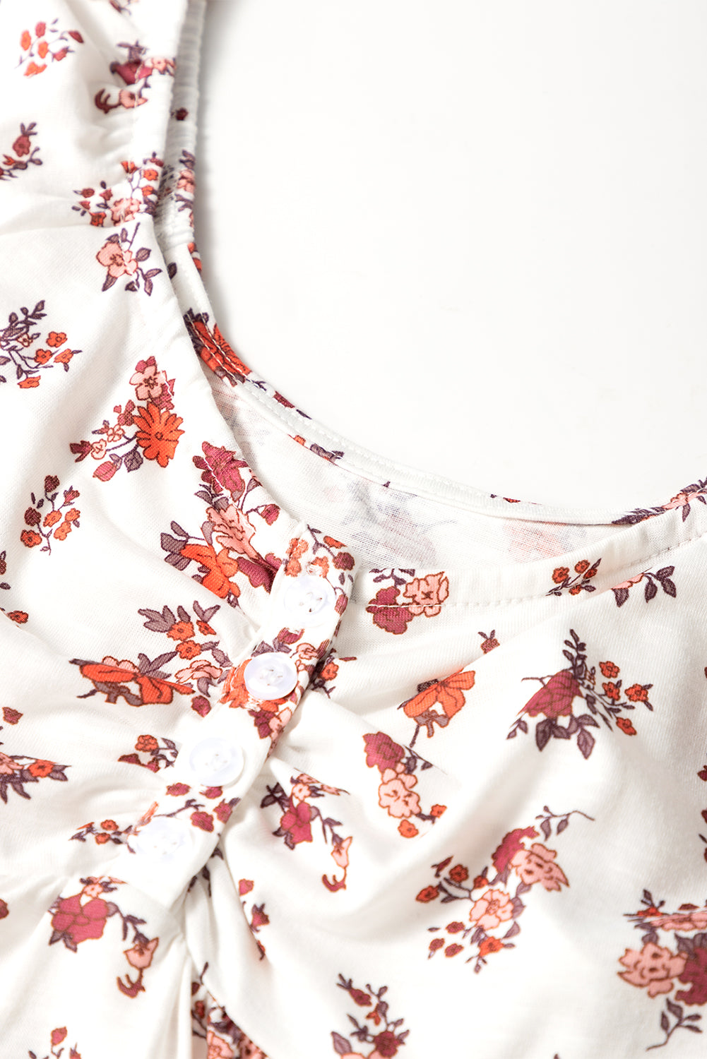 White Boho Floral Ruched Short Sleeve Blouse