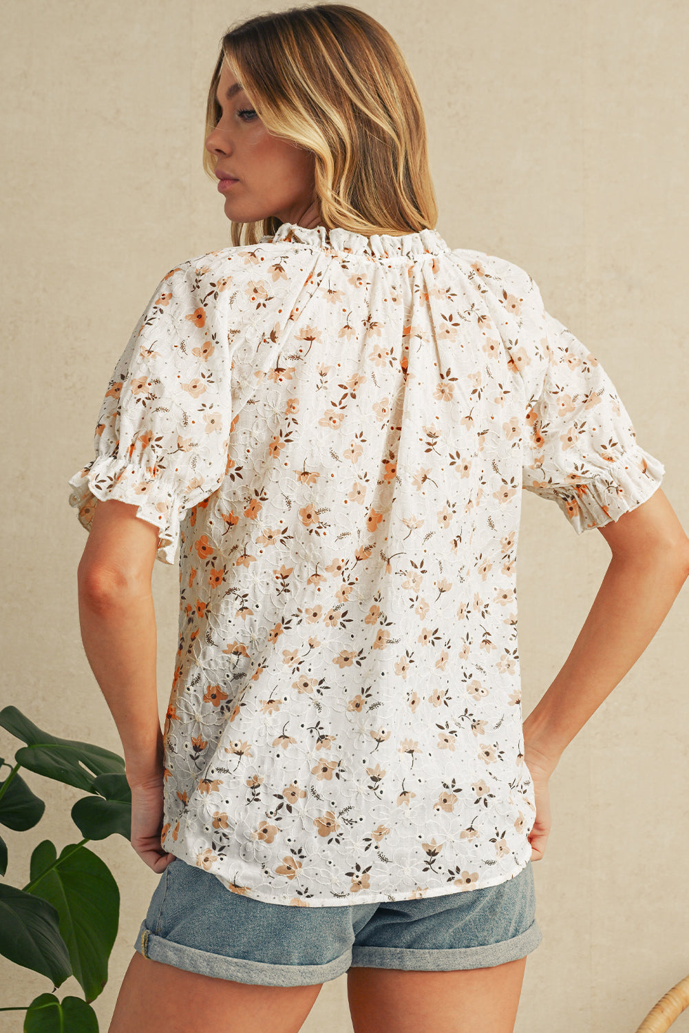Khaki Eyelet Notch V Neck Puff Sleeve Floral Blouse