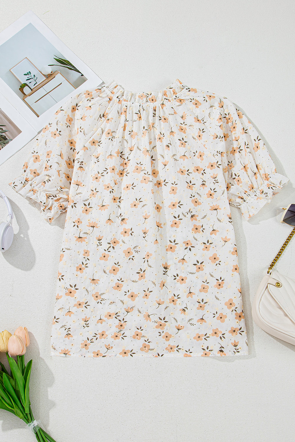 Khaki Eyelet Notch V Neck Puff Sleeve Floral Blouse
