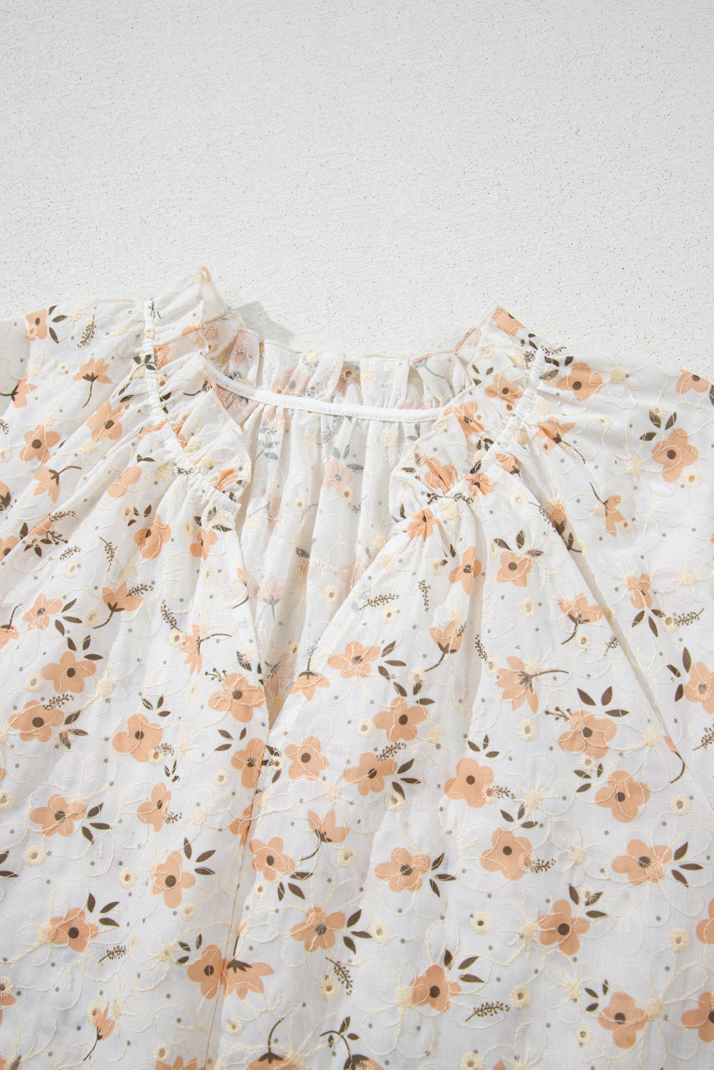 Khaki Eyelet Notch V Neck Puff Sleeve Floral Blouse
