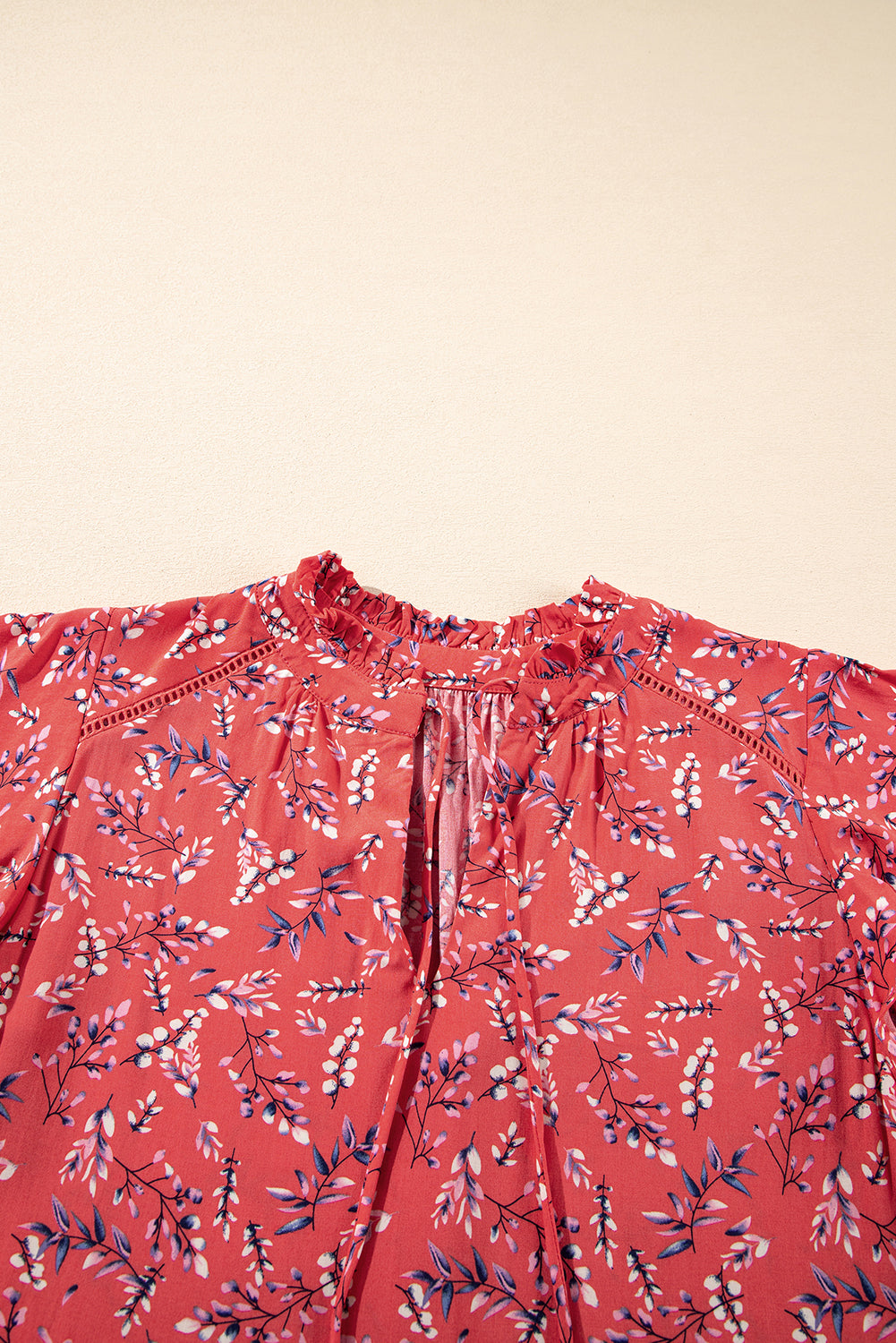 Red Floral Tie Split Neck Flounce Sleeve Blouse