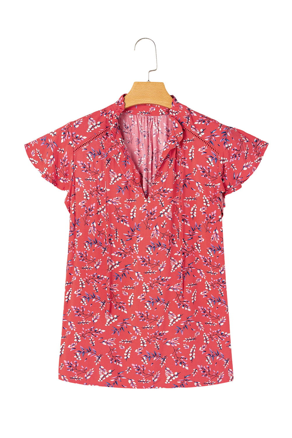 Red Floral Tie Split Neck Flounce Sleeve Blouse