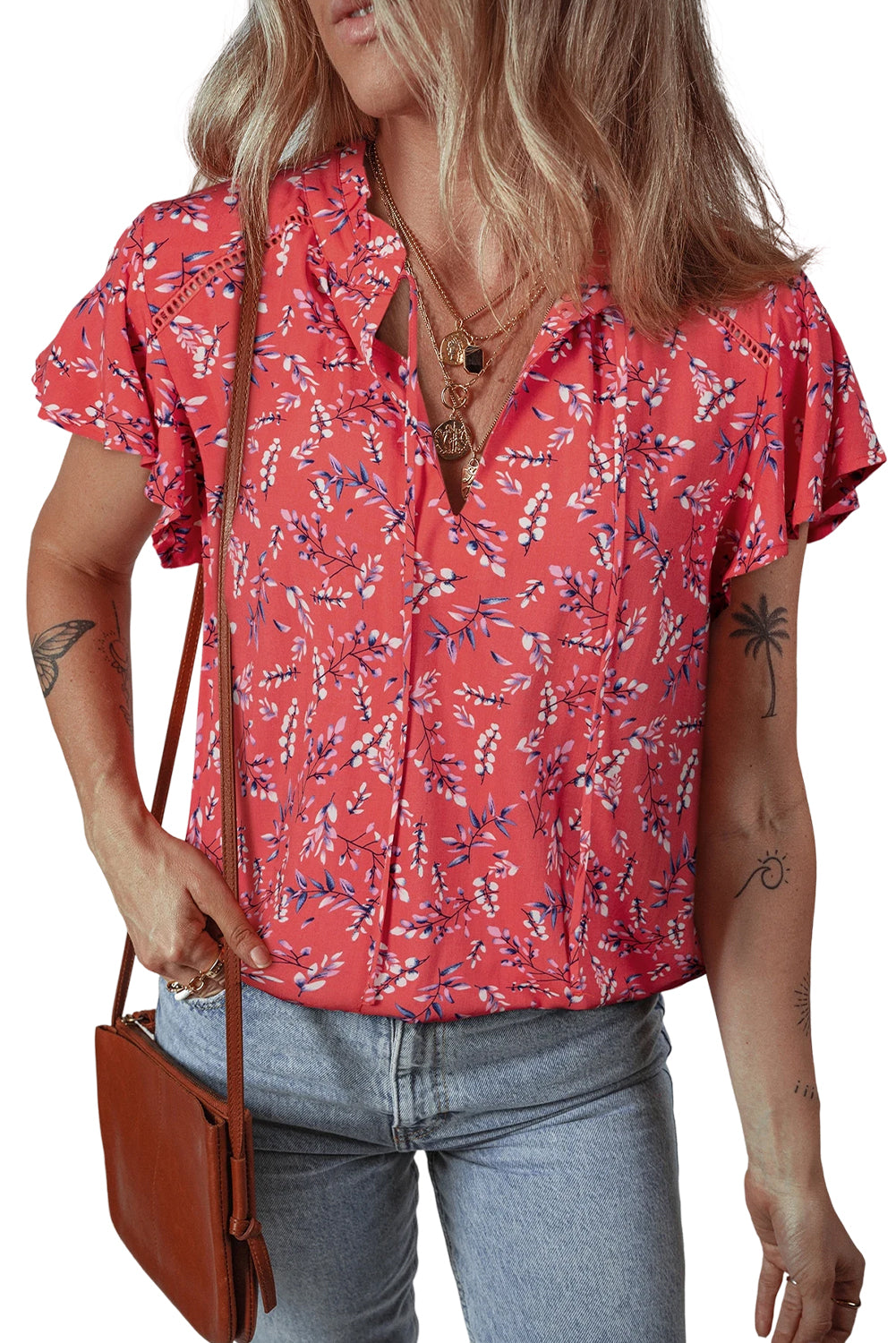 Red Floral Tie Split Neck Flounce Sleeve Blouse