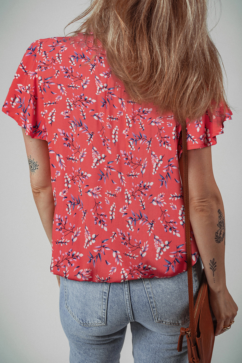 Red Floral Tie Split Neck Flounce Sleeve Blouse